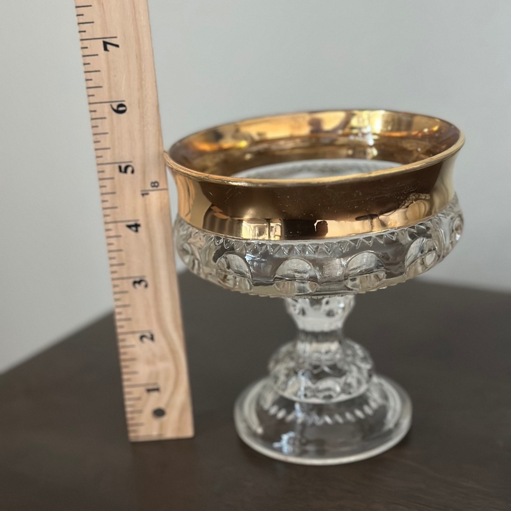VTG Indiana Glass Kings Crown Thumbprint Pedestal Compote Candy Dish Gold Rimmed - Picture 7 of 8